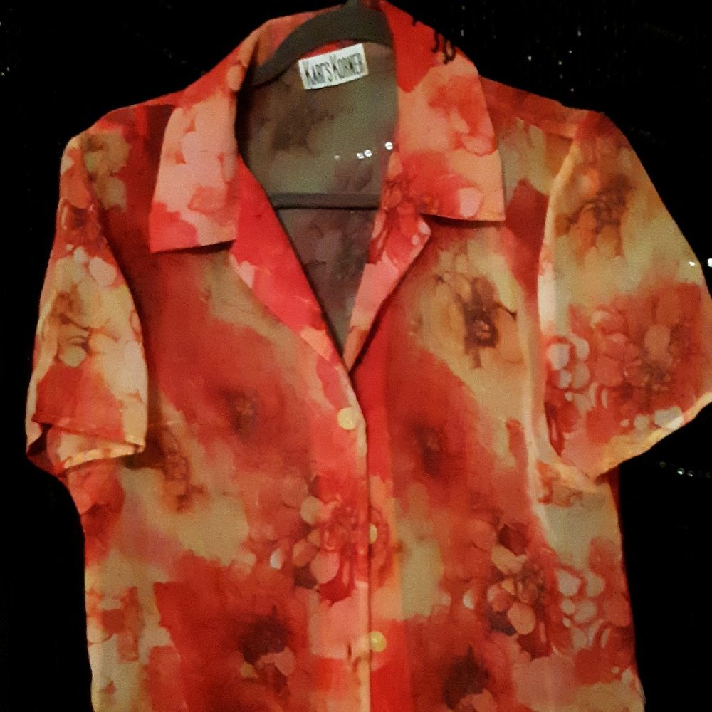 Kari's Korner Sheer Red and Yellow Flowery Shirt